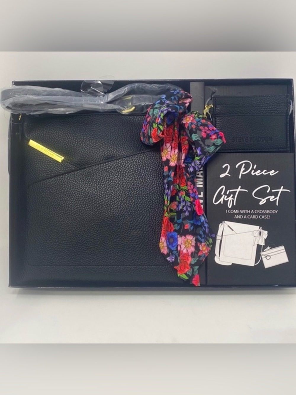 STEVE MADDEN 2 Piece Gift Set Scarf Crossbody Bag Card Case Women's Black NEW